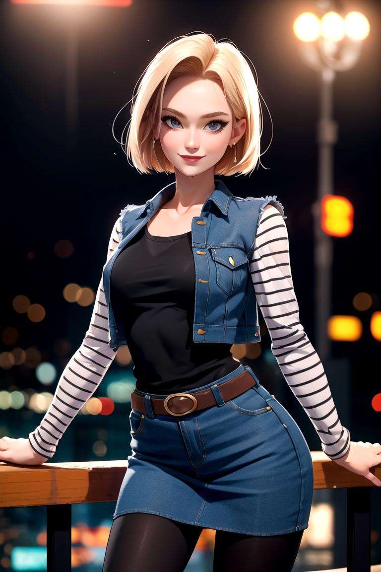 centered, award winning upper body portrait, cowboy shot, (looking at viewer:1.2), | solo, standing, smile, Android_18_DB,   denim skirt, pantyhose, | city, urban scenery, city lights, | bokeh, depth of field, cinematic composition, |  dynamic pose, <lora:Android_18_DB:0.6>