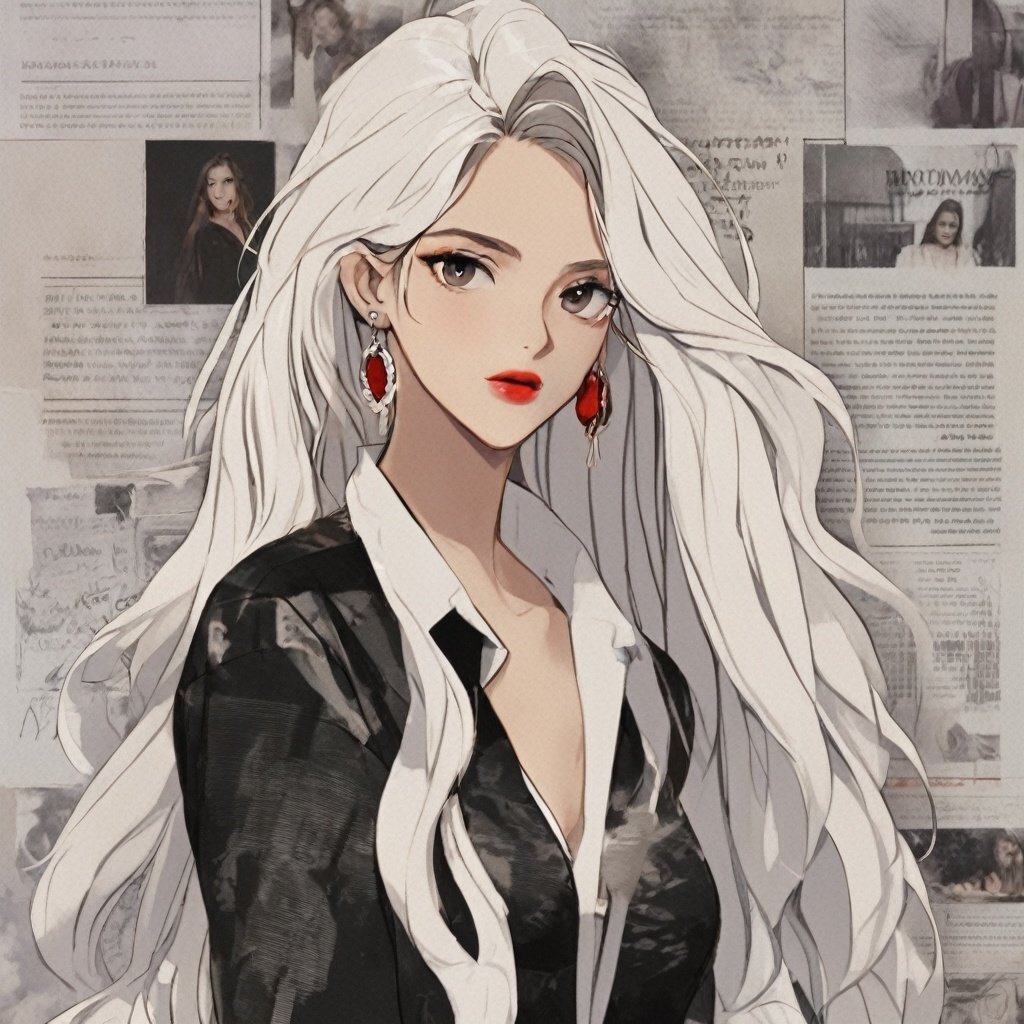 1girl, long hair, solo, jewelry, earrings, looking at viewer, white hair, off shoulder, red lips, upper body, makeup, wavy hair, brown eyes, jacket, shirt, collarbone, lipstick, bare shoulders, white jacket, black shirt, hoop earrings, english text <lora:BZBF:1>