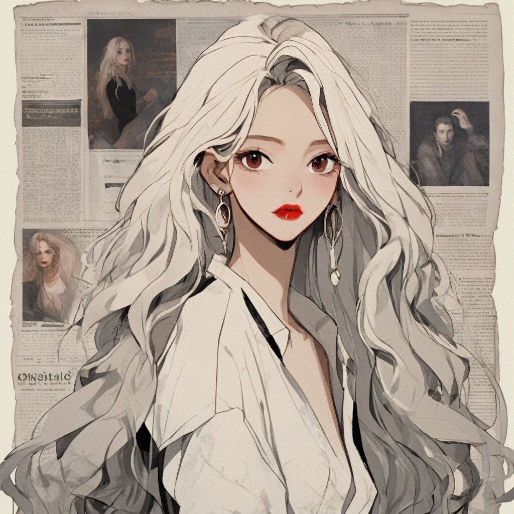 1 girl, long hair, solo, jewelry, earrings, looking at the audience, white hair, off shoulder, red lips, upper body, makeup, curly hair, brown eyes, jacket, shirt, collarbone, lipstick, bare shoulders, white jacket, black shirt, circular earrings, English text, newspaper background <lora:BZBF:1>