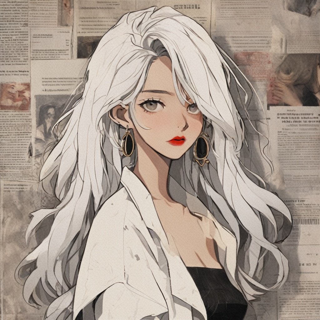 1 girl, long hair, solo, jewelry, earrings, looking at the audience, white hair, off shoulder, red lips, upper body, makeup, curly hair, brown eyes, jacket, shirt, collarbone, lipstick, bare shoulders, white jacket, black shirt, circular earrings, English text, newspaper background <lora:BZBF:1>