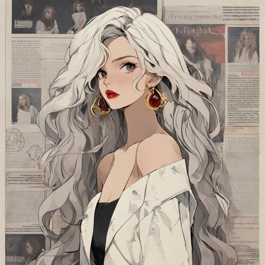 1 girl, long hair, solo, jewelry, earrings, looking at the audience, white hair, off shoulder, red lips, upper body, makeup, curly hair, brown eyes, jacket, shirt, collarbone, lipstick, bare shoulders, white jacket, black shirt, circular earrings, English text, newspaper background <lora:BZBF:1>