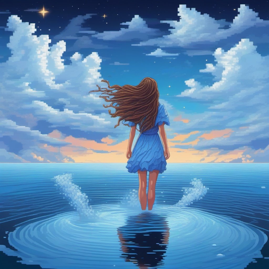 <lora:pixel_art_xl:1>pixel art style, (best quality), (masterpiece), (detailed), a woman standing in the water with her hair blowing in the wind and clouds reflected in the water below, a hologram, Alice Prin, sky, fantasy art, 1girl, blue sky, cloud, cloudy sky, gradient sky, horizon, (stars), (cosmic), light particles, long hair, ocean, outdoors, from above, blue theme,