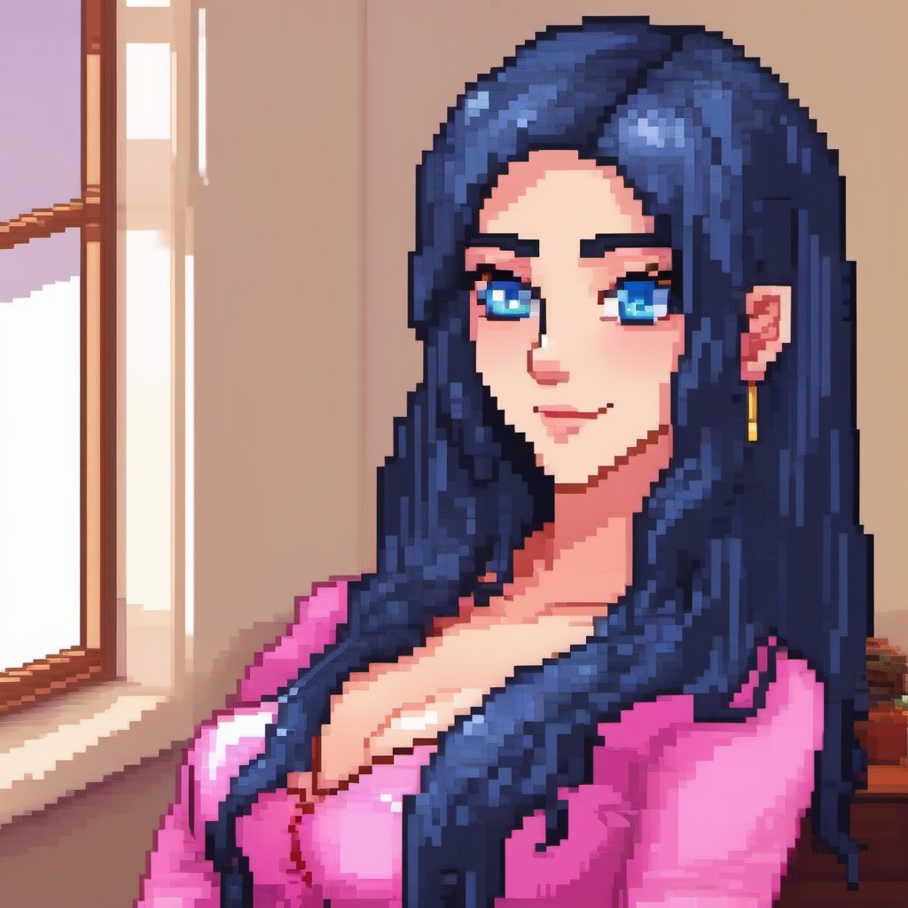<lora:pixel_art_xl:1>pixel art style,1 matured female,32yo,detailed black hair, detailed big blue eyes, eyeliner, shiny hair, detailed face, looking at viewer, leaning forward, seductive smile, cleavage, medium large breasts, detailed pink nipples,masterpiece, shiny lips, blushed, bedroom scenery, face focus, close-up, HEART-SHAPED PUPILS, STAR-SHAPED PUPILS,