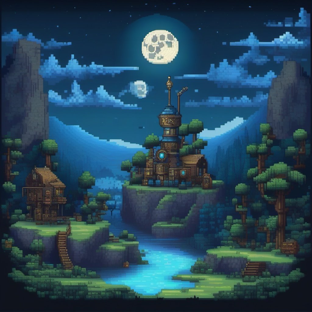 <lora:pixel_art_xl:1>pixel art style , Clockwork themed, Streampunk landscape, blue moon, dark skies