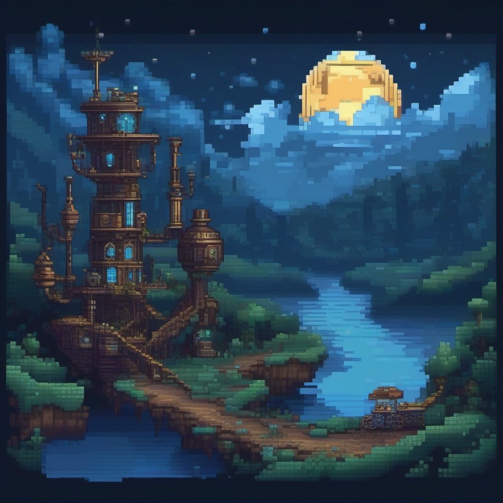 <lora:pixel_art_xl:1>pixel art style , Clockwork themed, Streampunk landscape, blue moon, dark skies