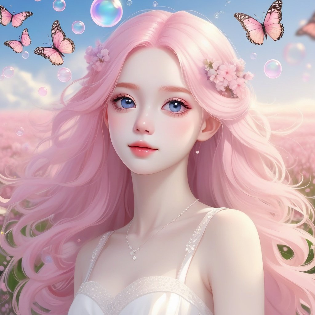 (best quality) (masterpiece), (highly detailed), original, extremely detailed wallpaper,solo,{beautiful detailed eyes},1girl siting in flower field,{an extremely delicate and beautiful},long pink hair.beautiful and detailed eyes.(a lot of Colorful bubbles).White wedding dress,wedding veil.butterflys flying.Hair fluttering.(smile), <lora:bhuof:0.6>