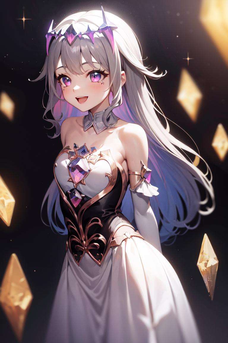 masterpiece, best quality, absurdres, perfect anatomy, 1girl, solo, KosekiBijou, hair ornament, white dress, strapless dress, crystal, detached sleeves, asymmetrical sleeves, smile, arms behind back, small breasts, smile, :d, cute, sparkling, <lora:KosekiBijou:1>