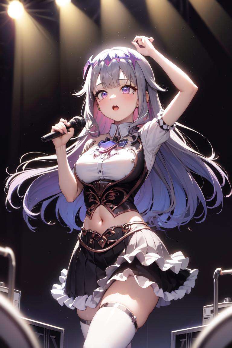 masterpiece, best quality, absurdres, perfect anatomy, 1girl, solo, KosekiBijou, idol, idol uniform, bowtie, skirt, brooch, dress, concert, on stage, frilled skirt, jewelry, layered dress, short sleeves, ((midriff)), thighhighs, microphone, holding microphone, stage lights, <lora:KosekiBijou:1>