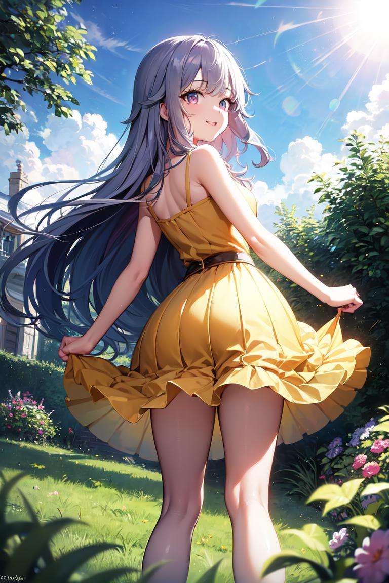masterpiece, best quality, absurdres, perfect anatomy, 1girl, solo, KosekiBijou, from behind, (yellow sundress), garden, day, sunshine, smile, looking back, <lora:KosekiBijou:1>