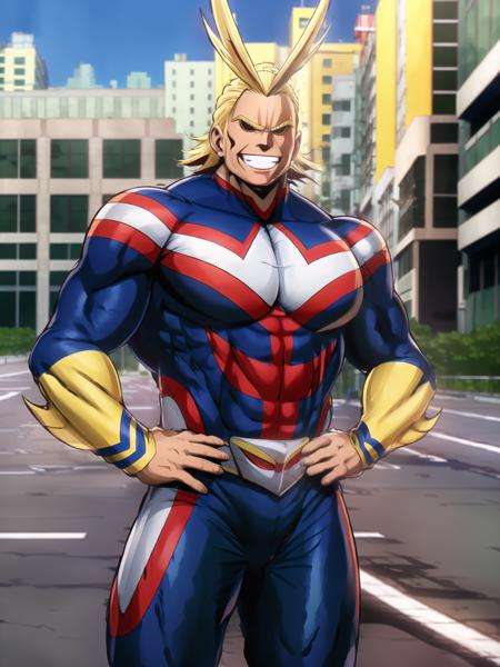 1boy, allmight, antenna hair, smile, day, streets, beautiful background, people in the streets, bokeh,professional, sharp, natural lighting, (masterpiece:1.2), realistic, extremely detailed, intricate details, absurdres, 4k, 8k, hdr, highres, anime, manga, <lora:allmightv1:1.0> 