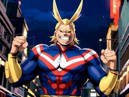 1boy, allmight, smile, antenna hair, night, streets, (crowd, people), background, hands upprofessional, sharp, natural lighting, (masterpiece:1.2), realistic, extremely detailed, intricate details, absurdres, 4k, 8k, hdr, highres, anime, manga, <lora:allmightv1:0.8> 