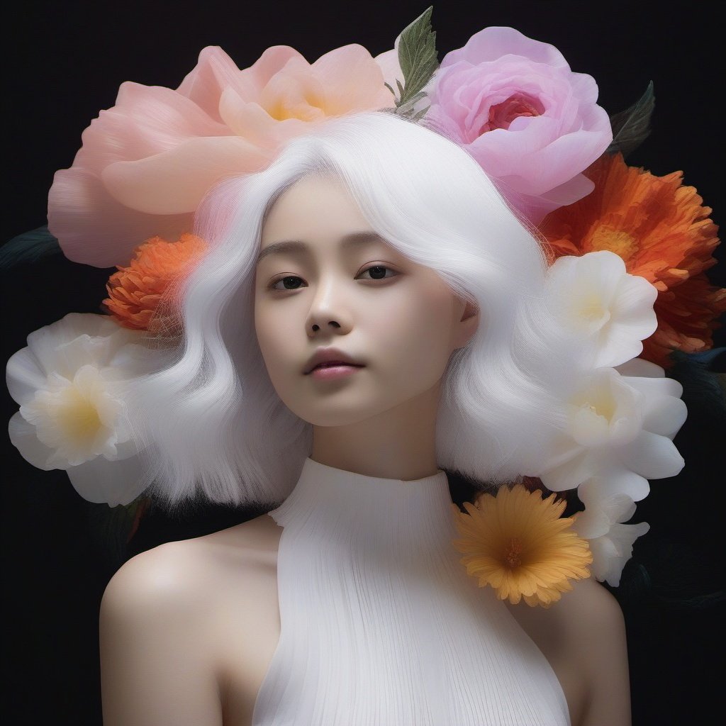 FlowerStyle, 1girl, solo, flower, black background, white hair, simple background, upper body