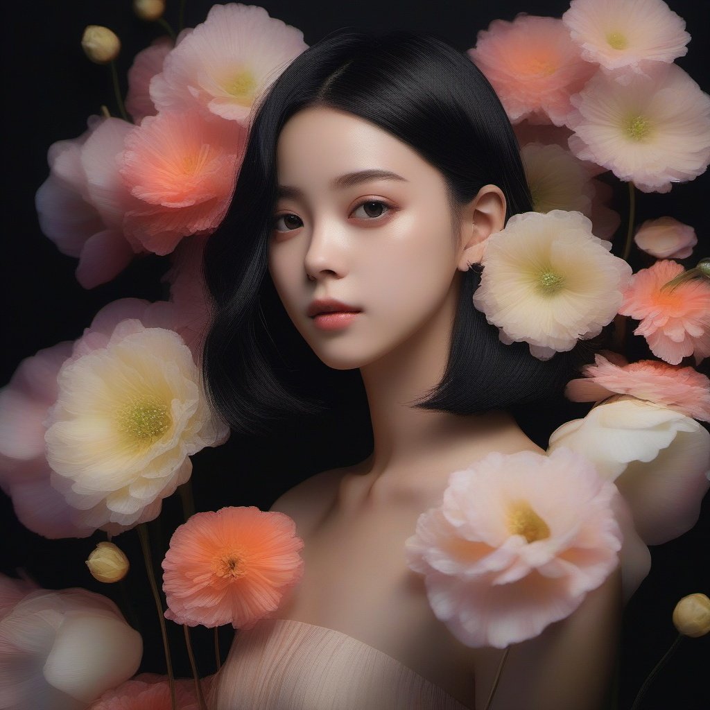 FlowerStyle, 1girl, solo, flower, black hair, upper body, black background, parted lips, looking at viewer, lips, short hair, black eyes, simple background