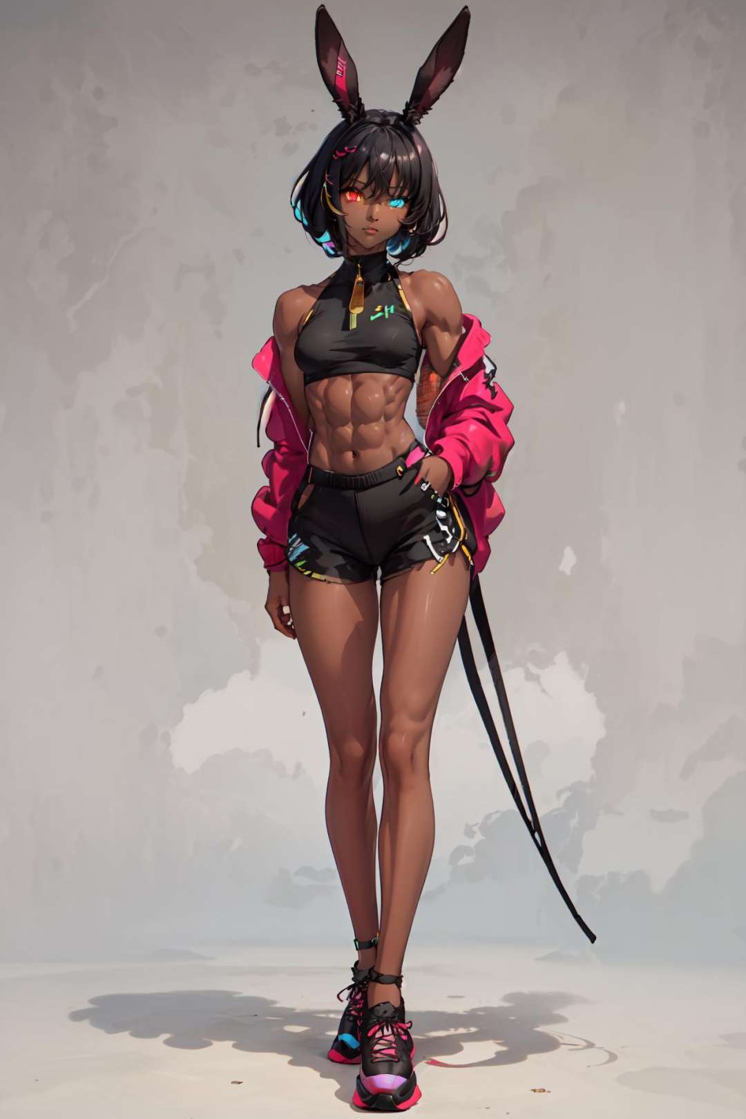 (sneakers:1.5), <lora:ABPOPA-05:0.6>, ABPOPA, heterochromia, black long bunny ears, black short hair, small breast, large hips, dark skin, muscular female,