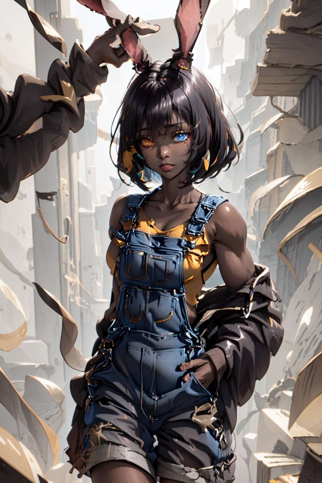 (overalls:1.5), <lora:ABPOPA-05:1>, ABPOPA, heterochromia, black long bunny ears, black short hair, small breast, large hips, dark skin, muscular female,  