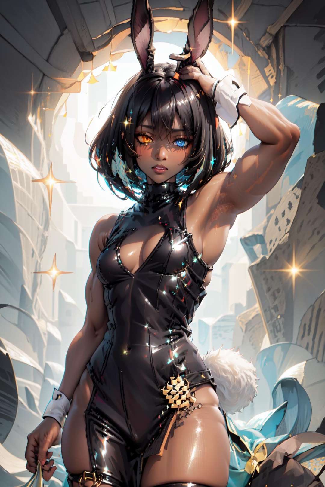 (sequined:1.5), <lora:ABPOPA-05:1>, ABPOPA, heterochromia, black long bunny ears, black short hair, small breast, large hips, dark skin, muscular female,  