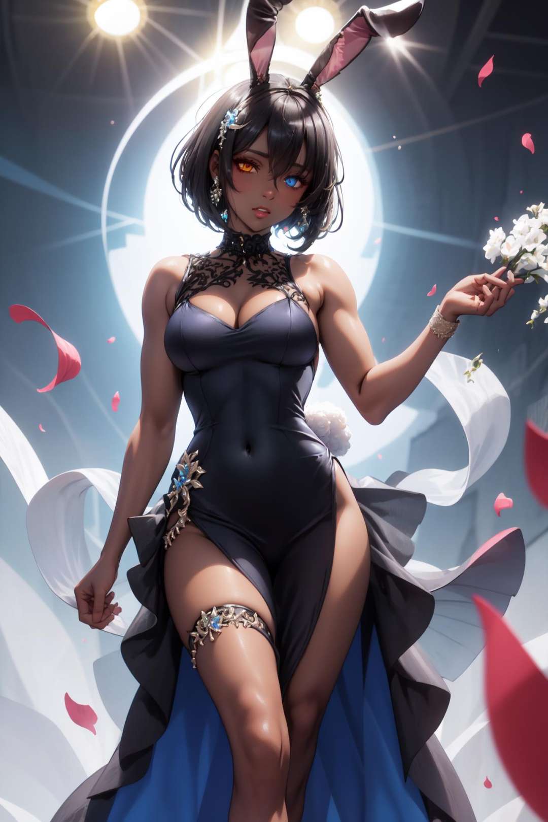 (prom dress:1.5), <lora:ABPOPA-05:0.5>, ABPOPA, heterochromia, black long bunny ears, black short hair, small breast, large hips, dark skin, muscular female,  