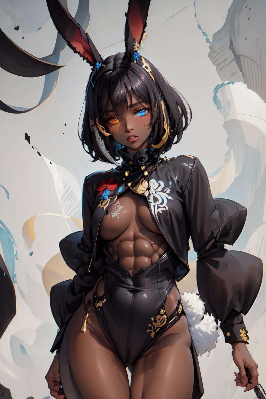 (embroidered:1.5), <lora:ABPOPA-05:1>, ABPOPA, heterochromia, black long bunny ears, black short hair, small breast, large hips, dark skin, muscular female,  