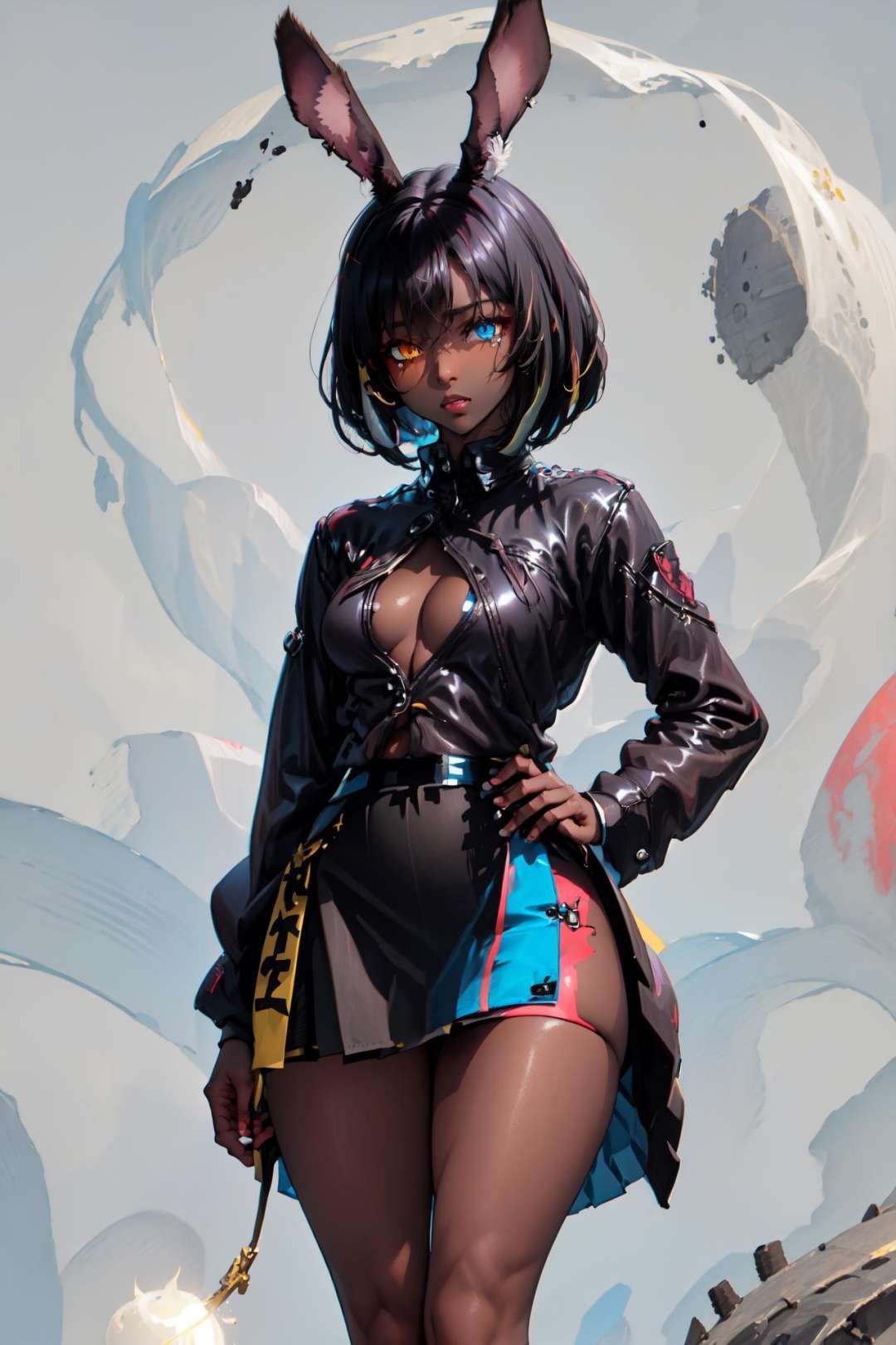 (skirt:1.5), <lora:ABPOPA-05:1>, ABPOPA, heterochromia, black long bunny ears, black short hair, small breast, large hips, dark skin, muscular female,  