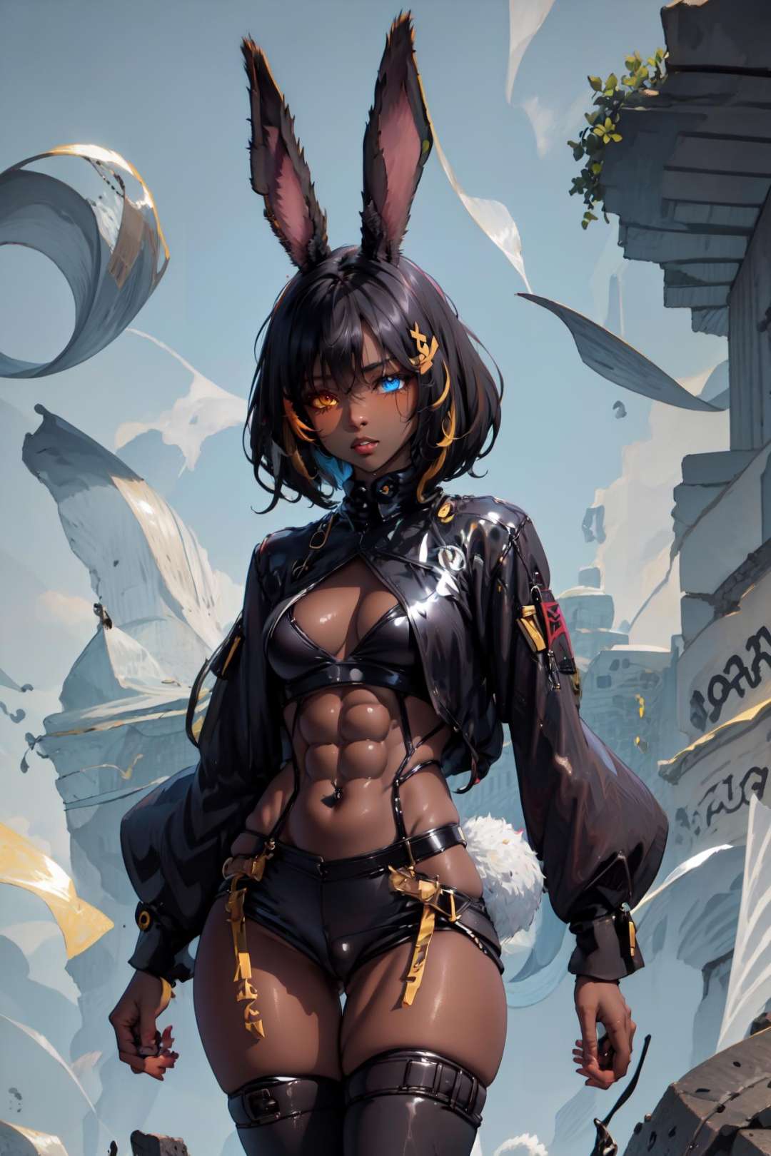 <lora:ABPOPA-05:1>, ABPOPA, heterochromia, black long bunny ears, black short hair, small breast, large hips, dark skin, muscular female,  