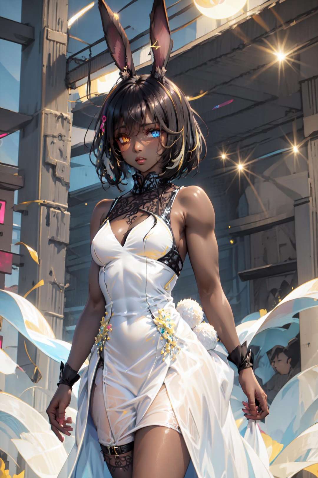 (prom dress:1.5), <lora:ABPOPA-05:1>, ABPOPA, heterochromia, black long bunny ears, black short hair, small breast, large hips, dark skin, muscular female,  