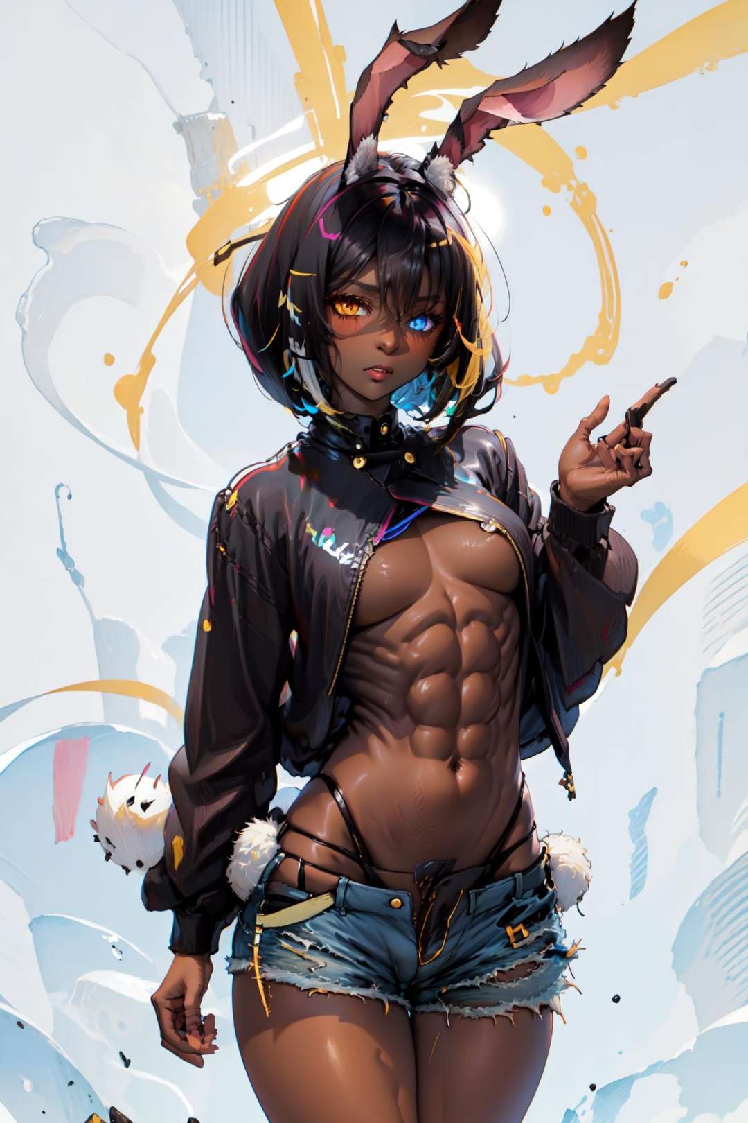 (shorts:1.5), <lora:ABPOPA-05:1>, ABPOPA, heterochromia, black long bunny ears, black short hair, small breast, large hips, dark skin, muscular female,  