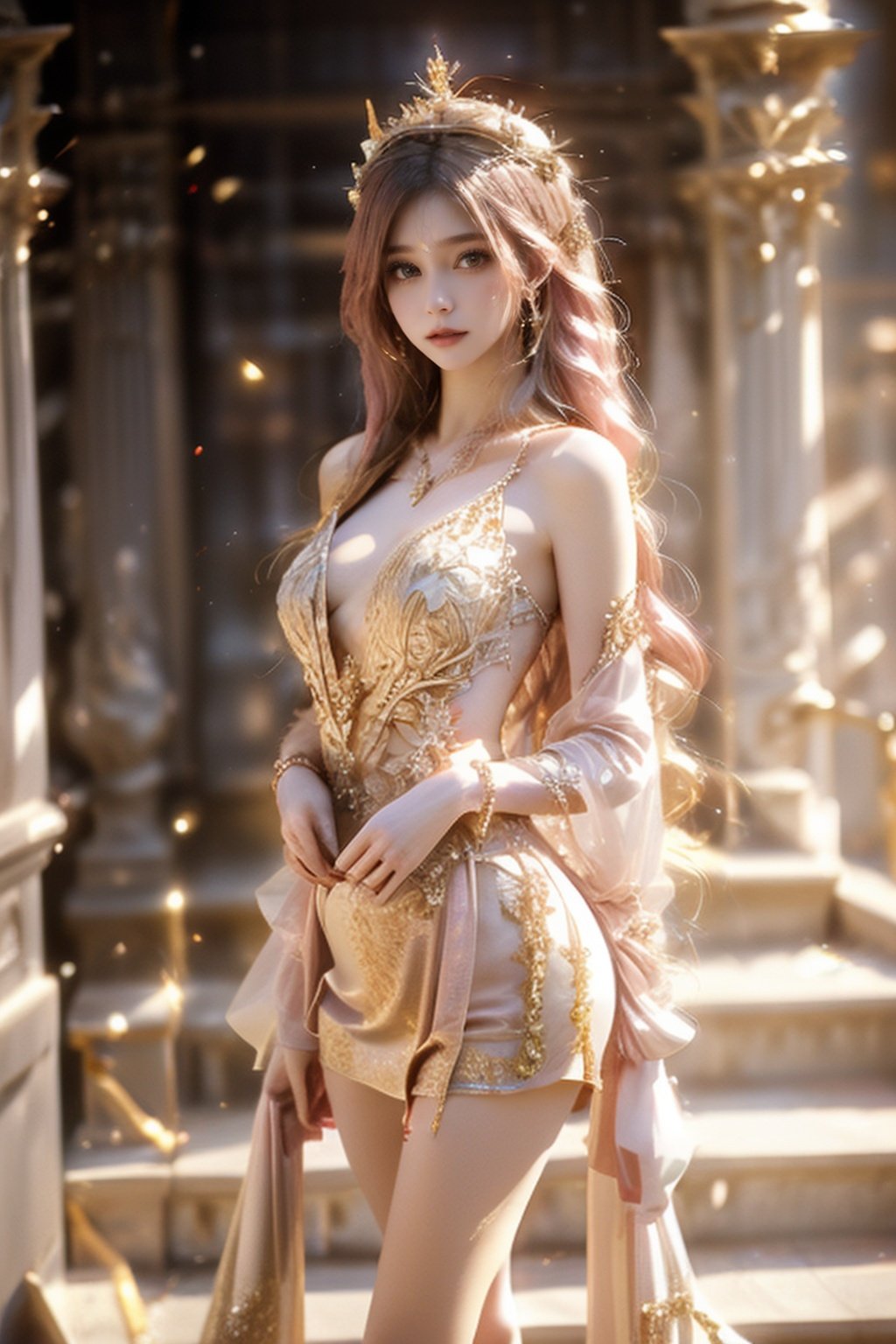 pink-hair princece, ((((gorgeous)))) royal dress, ((((gorgeous)))) royal panties ((((gorgeous)))) gold tiara, ((((gorgeous)))) gold necklace, ((((gorgeous)))) gold accessories, nude, small nipple, (big breasts),真人,写实