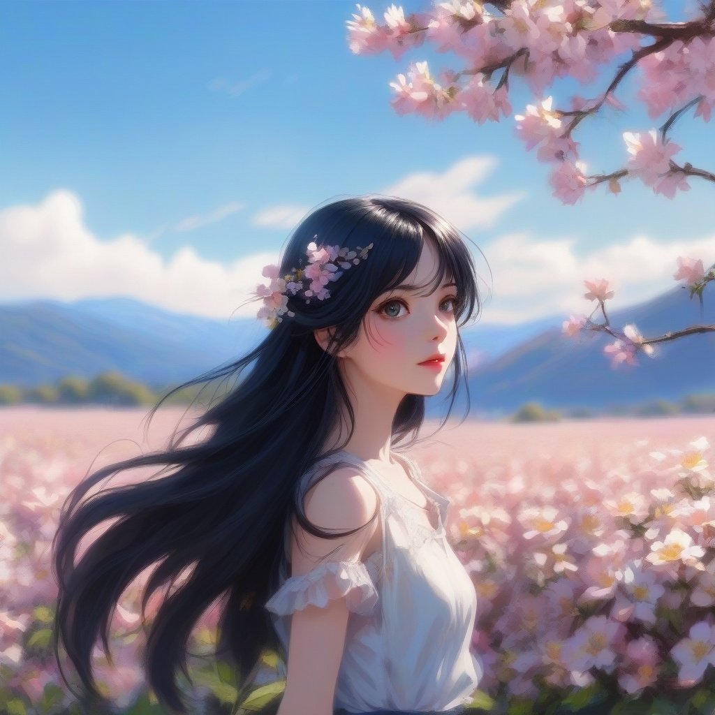 1girl,flowers,long hair,solo,outdoor,sky,hair accessories,black hair,looking at the audience,blue sky,mountains,trees,upper body,<lora:PLMM:0.6>,