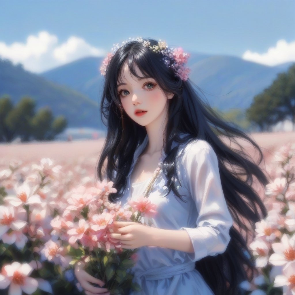 1girl,flowers,long hair,solo,outdoor,sky,hair accessories,black hair,looking at the audience,blue sky,mountains,trees,upper body,<lora:PLMM:1>,