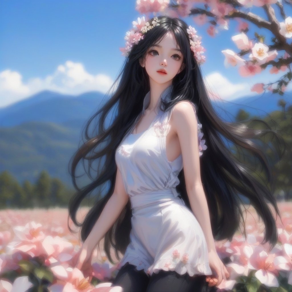 1girl,flowers,long hair,solo,outdoor,sky,hair accessories,black hair,looking at the audience,blue sky,mountains,trees,upper body,<lora:PLMM:1>,