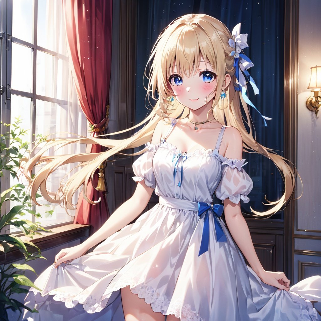 1girl, blonde hair, solo, blue eyes, long hair, dress, garter straps,bare shoulders, white dress, looking at viewer,  window, breasts, hair ornament, indoors, blush, smile, bangs, standing, jewelry, medium breasts, earrings, detached sleeves, closed mouth, curtains, plant, ribbon, braid, short sleeves ,(hands up:1.2),(close up),best quality, masterpiece, (hand on lips),shoushou,
