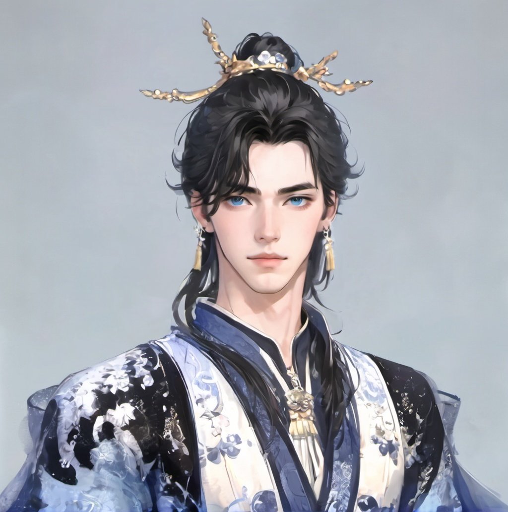 solo, 1boy, male focus, hair ornament, white hair, hair stick, long sleeves, chinese clothes, long hair, tassel, looking at viewer, hanfu, wide sleeves, blue eyes, jewelry, arms at sides, single hair bun, cowboy shot, closed mouth, robe, simple background, sash, hair bun, standing, grey background <lora:liangzai:1>