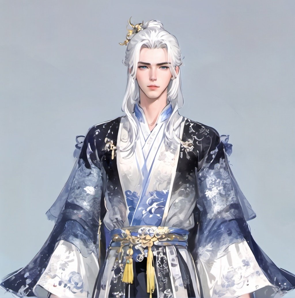 solo, 1boy, male focus, hair ornament, white hair, hair stick, long sleeves, chinese clothes, long hair, tassel, looking at viewer, hanfu, wide sleeves, blue eyes, jewelry, arms at sides, single hair bun, cowboy shot, closed mouth, robe, simple background, sash, hair bun, standing, grey background <lora:liangzai:1>