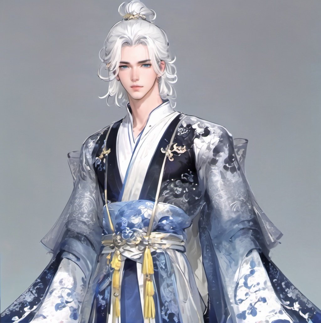 solo, 1boy, male focus, hair ornament, white hair, hair stick, long sleeves, chinese clothes, long hair, tassel, looking at viewer, hanfu, wide sleeves, blue eyes, jewelry, arms at sides, single hair bun, cowboy shot, closed mouth, robe, simple background, sash, hair bun, standing, grey background <lora:liangzai:1>