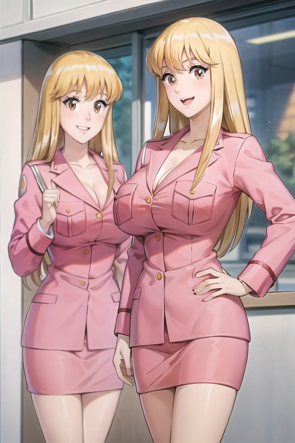 reiko_aiwaifu,blonde hair,long hair,brown eyes,large breasts,bangs,collarbone,pink uniform,uniform,cleavage,skirt,pencil skirt,long sleeves,pocket,breast pocket,formal,pink shirt,police uniform,policewoman,
