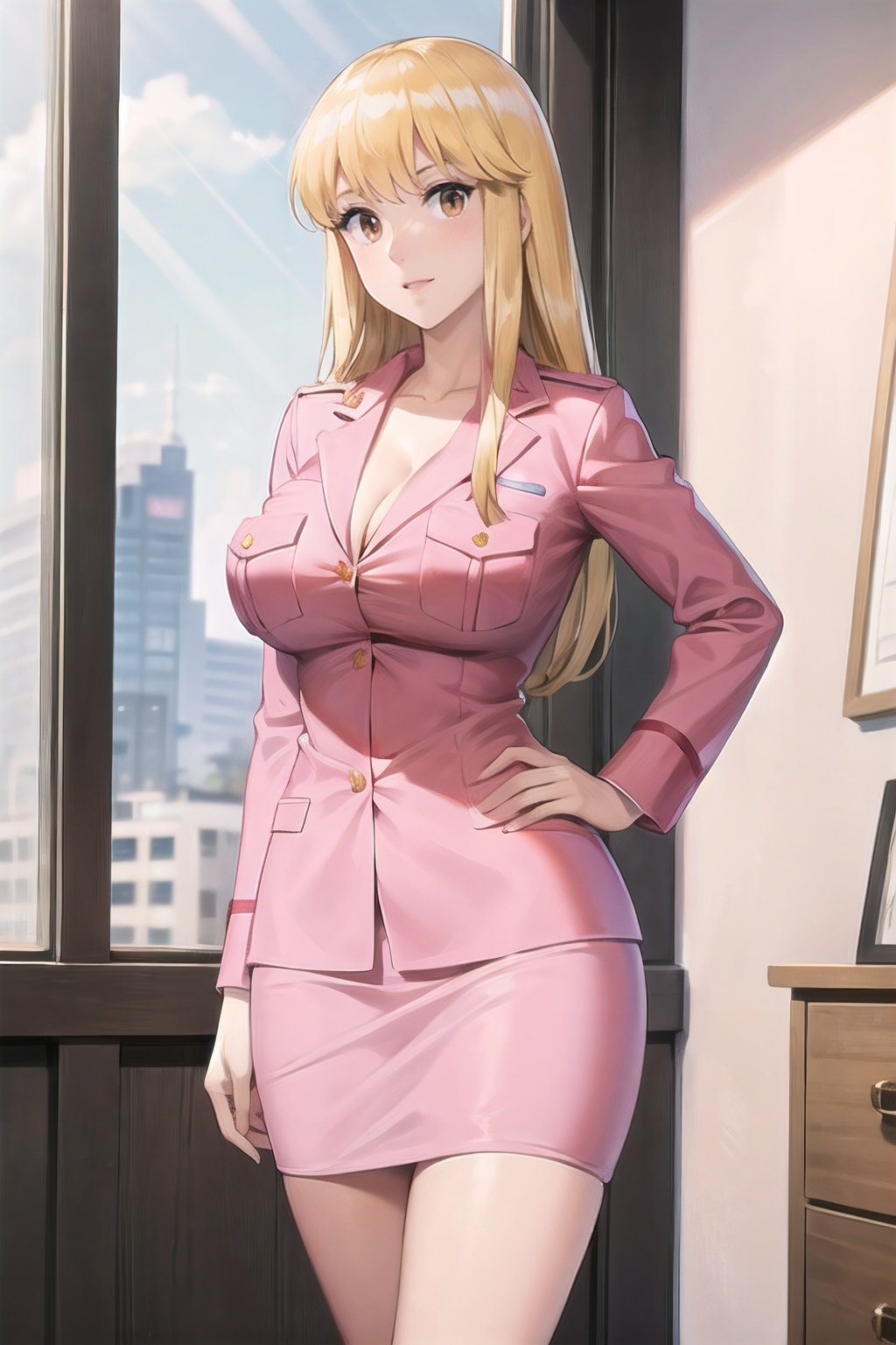 reiko_aiwaifu,blonde hair,long hair,brown eyes,large breasts,bangs,collarbone,pink uniform,uniform,cleavage,skirt,pencil skirt,long sleeves,pocket,breast pocket,formal,pink shirt,police uniform,policewoman,masterpiece,best quality,ultra detailed, 8k, 4k,highly detailed, scenery,pose,solo,
