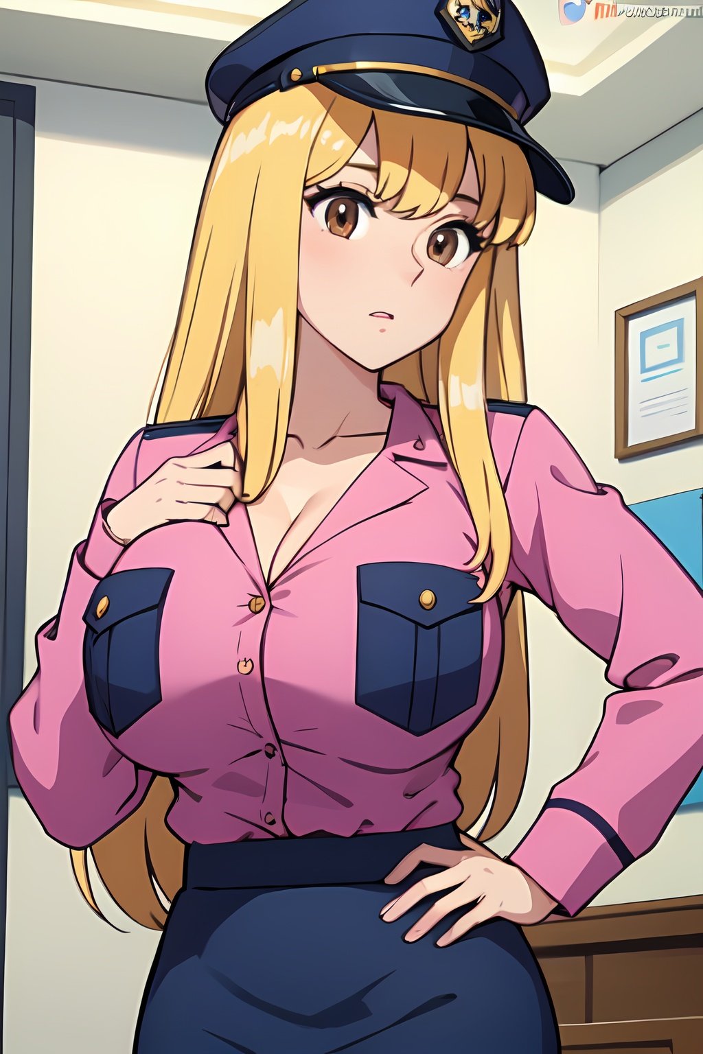 reiko_aiwaifu,blonde hair,long hair,brown eyes,large breasts,bangs,collarbone,pink uniform,uniform,cleavage,skirt,pencil skirt,long sleeves,pocket,breast pocket,formal,pink shirt,police uniform,policewoman,masterpiece,best quality,ultra detailed, 8k, 4k,highly detailed, scenery,pose,solo,