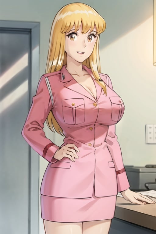 reiko_aiwaifu,blonde hair,long hair,brown eyes,large breasts,bangs,collarbone,pink uniform,uniform,cleavage,skirt,pencil skirt,long sleeves,pocket,breast pocket,formal,pink shirt,police uniform,policewoman,masterpiece,best quality,ultra detailed, 8k, 4k,highly detailed, scenery,pose,solo,
