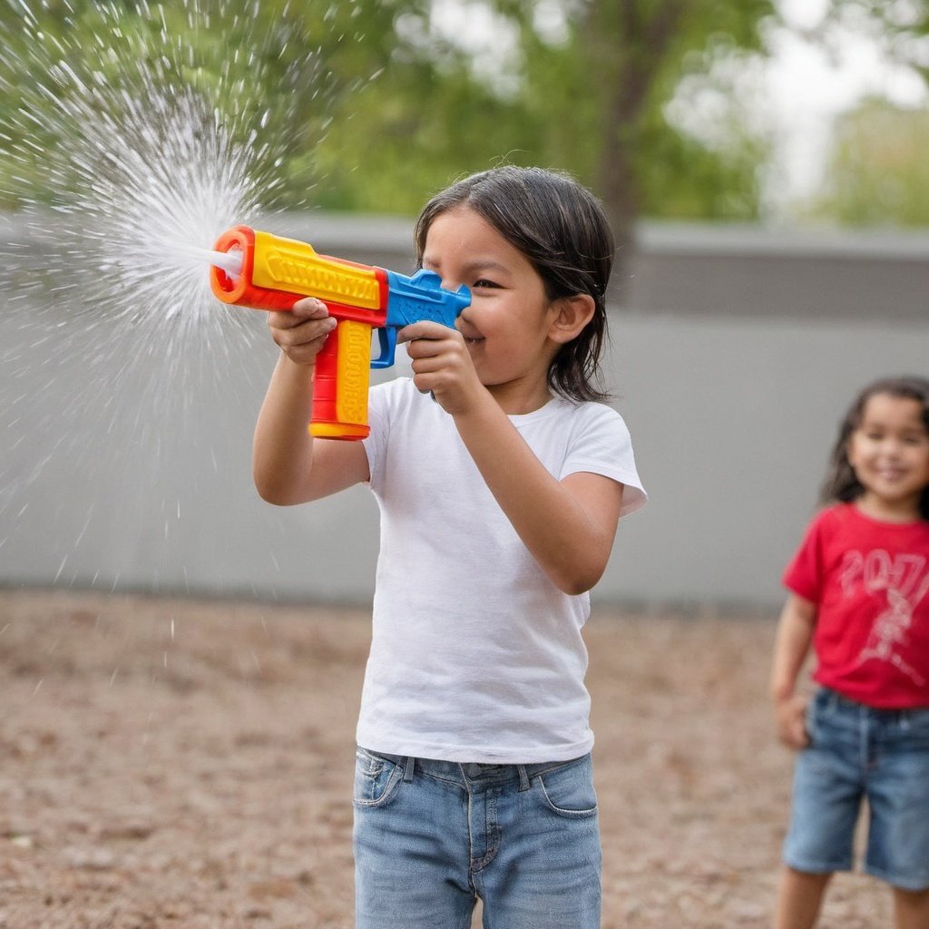 photo of a classroom, a kid is spraying water with a big water gun made by tesla