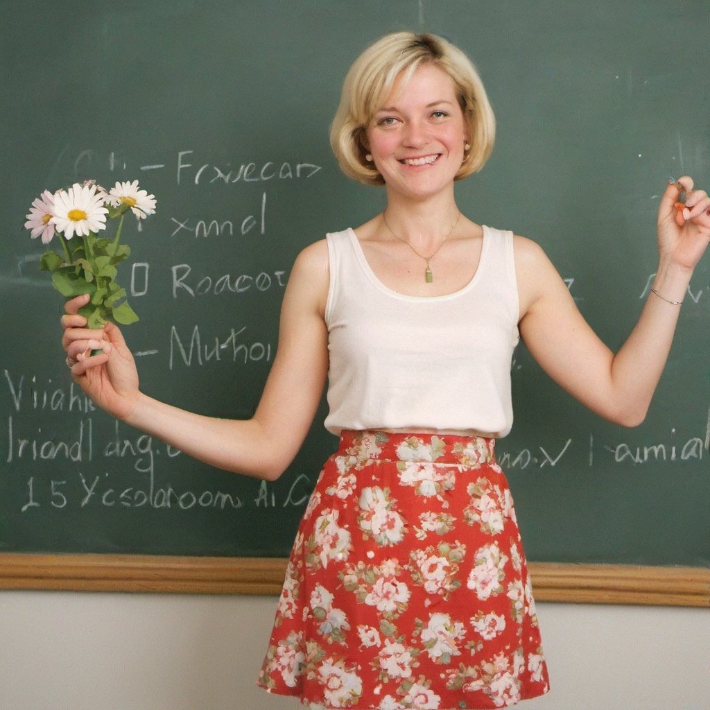 1980s kodak photo of a teacher, 35 years old, sweet and sexy and humble, with tank tops and flower patterned mini skirt,  classroom, children learning on the background, photography by nan goldin, by william eggleston, faded, film grain, cross processed image