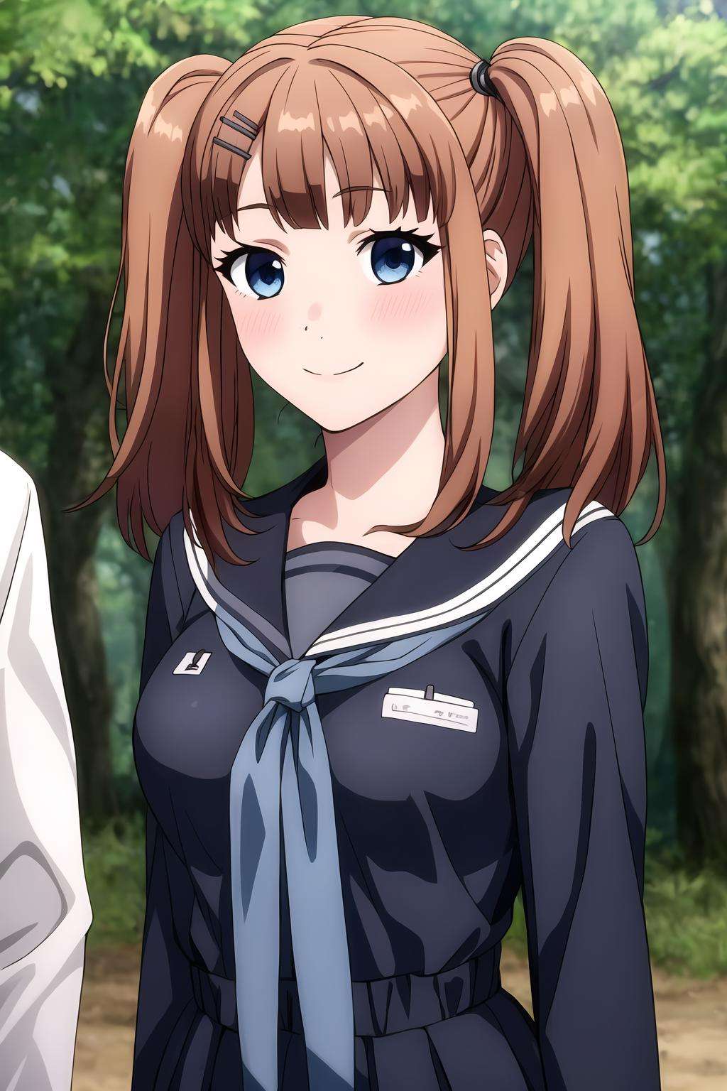 masterpiece, high quality, highres, absurdres, intricate details, extremely detailed unity cg wallpaper, semi realistic,(1girl, solo, female, mariamizuseexp, reddish brown hair, blue eyes, twin tails, bangs, side bangs:0.7, medium hair:0.6, medium breasts, hair clip, hair ornament), school uniform, serafuku, outdoors, detailed dress, upper body, smile, blush, looking at viewer, cowboy shot, solo focus, depth of field, vivid, colorful,<lora:Maria_Mizuse_Exp-09:0.7> , <lora:add_detail:0.8>