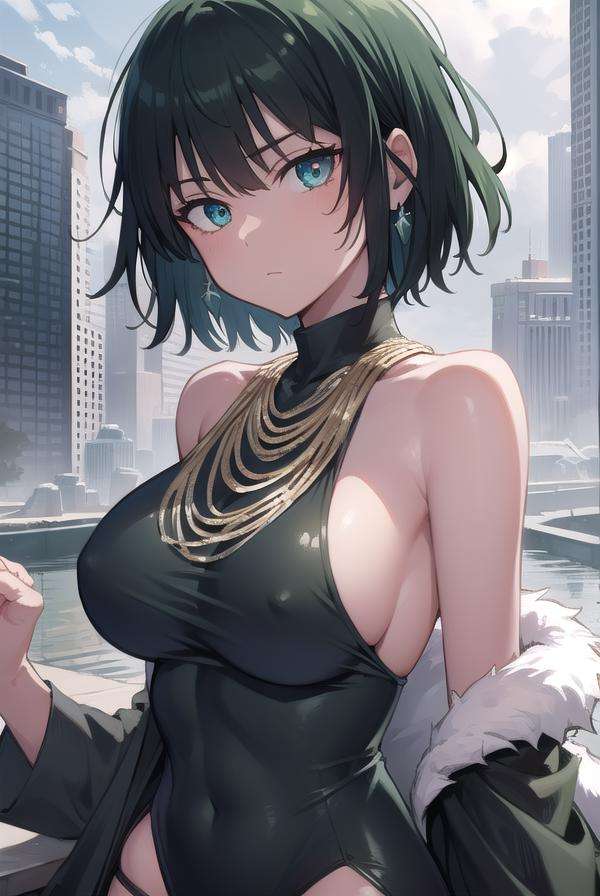 fubuki, <lora:fubukitest:1>, fubuki, black hair, (green eyes:1.2), short hair,BREAK black dress, dress, fur coat, high collar, jewelry, necklace, off shoulder, taut clothes, taut dress,,BREAK outdoors, city,BREAK looking at viewer, BREAK <lora:GoodHands-vanilla:1>, (masterpiece:1.2), best quality, high resolution, unity 8k wallpaper, (illustration:0.8), (beautiful detailed eyes:1.6), extremely detailed face, perfect lighting, extremely detailed CG, (perfect hands, perfect anatomy),