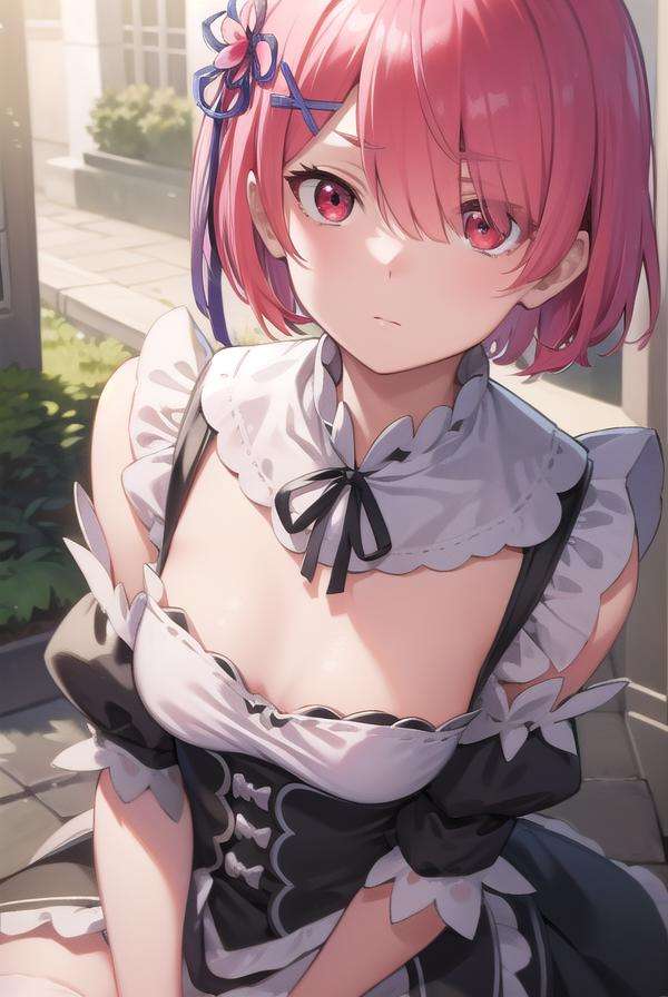 rezeroram, <lora:ramtest:1>, ram, hair flower, hair ornament, hair over one eye, pink hair, (red eyes:1.5), short hair, x hair ornament, (flat chest:1.2),BREAK apron, black bow, black dress, black ribbon, bow, detached sleeves, dress, frilled apron, frilled sleeves, frills, juliet sleeves, long sleeves, maid, neck ribbon, puffy sleeves, ribbon, roswaal mansion maid uniform, thighhighs, two-tone dress, waist apron, white bow, white dress, white thighhighs,,BREAK outdoors, city,BREAK looking at viewer, BREAK <lora:GoodHands-vanilla:1>, (masterpiece:1.2), best quality, high resolution, unity 8k wallpaper, (illustration:0.8), (beautiful detailed eyes:1.6), extremely detailed face, perfect lighting, extremely detailed CG, (perfect hands, perfect anatomy),