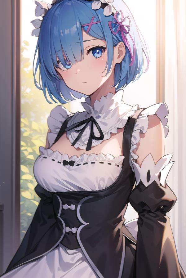 rezerorem, <lora:remtest:1>, rem, blue eyes, blue hair, hair ornament, hair over one eye, hair ribbon, short hair, x hair ornament,BREAK apron, black ribbon, black skirt, black sleeves, detached collar, detached sleeves, flower, frilled apron, frilled skirt, frills, head wreath, long sleeves, maid, miniskirt, neck ribbon, purple ribbon, ribbon, ribbon trim, ribbon-trimmed sleeves, roswaal mansion maid uniform, short hair, skirt, thighhighs, waist apron, white apron, white thighhighs,BREAK outdoors, city,BREAK looking at viewer, BREAK <lora:GoodHands-vanilla:1>, (masterpiece:1.2), best quality, high resolution, unity 8k wallpaper, (illustration:0.8), (beautiful detailed eyes:1.6), extremely detailed face, perfect lighting, extremely detailed CG, (perfect hands, perfect anatomy),
