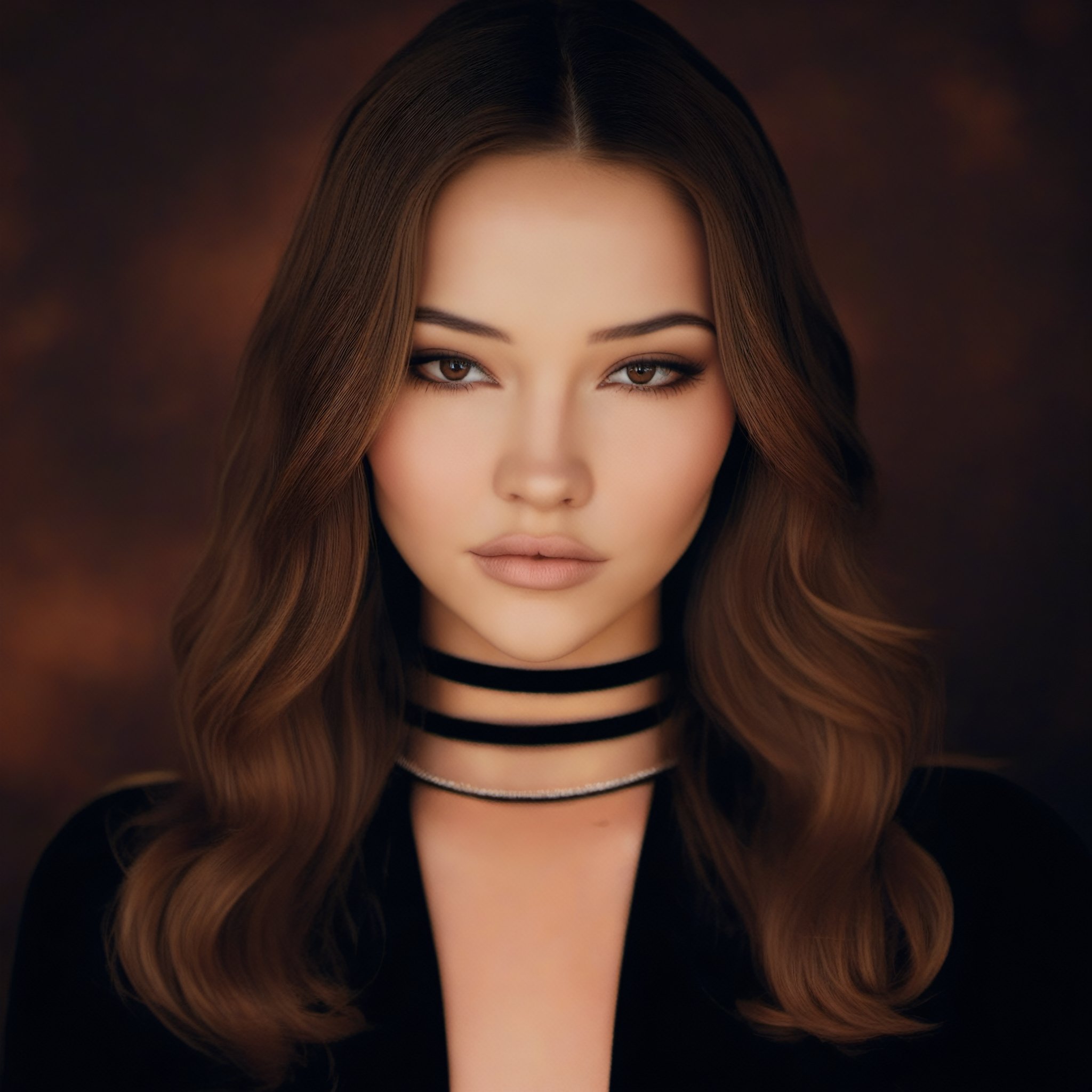 woman photography, face portrait, face close up, | brown hair, (black dress), (black choker), | photography, | (black background:1.2), (simple background), | ,MadeClinev001