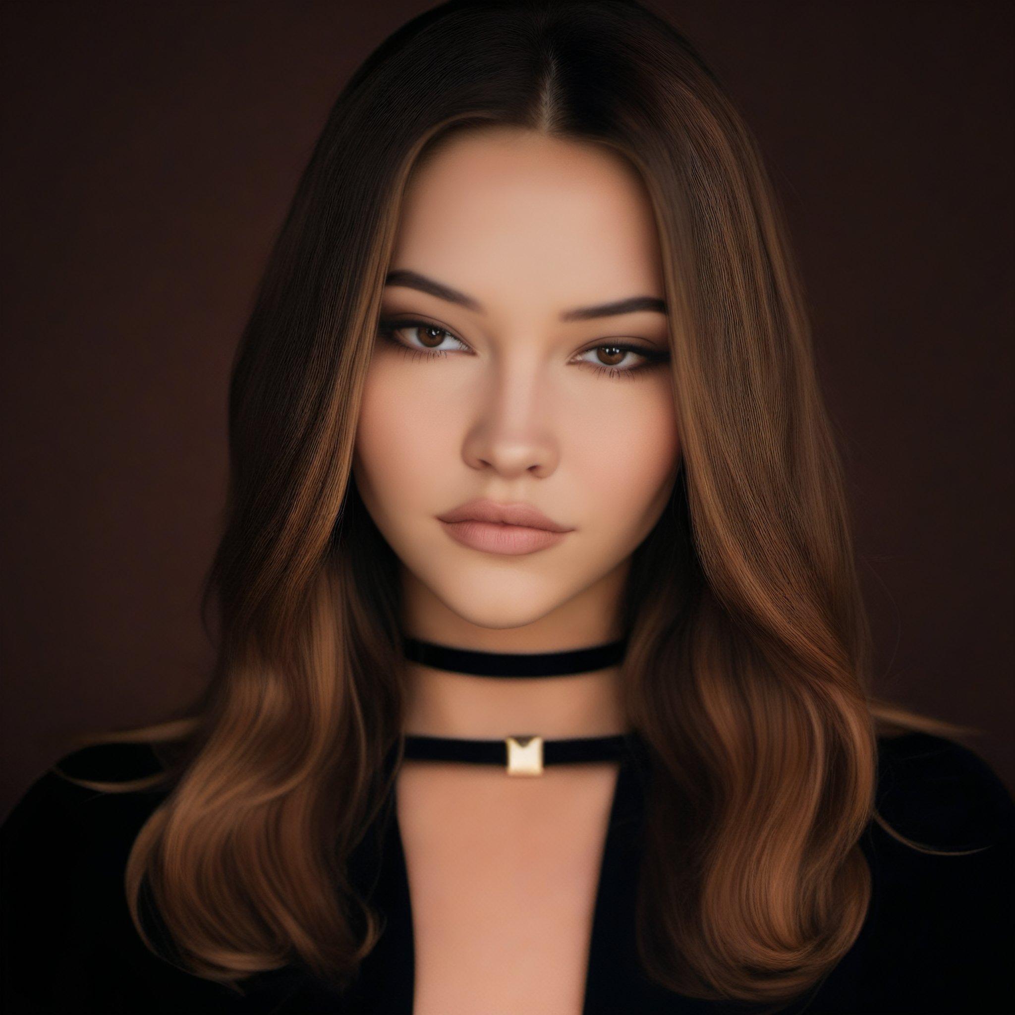 woman photography, face portrait, face close up, | brown hair, (black dress), (black choker), | photography, | (black background:1.2), (simple background), | ,MadeClinev001