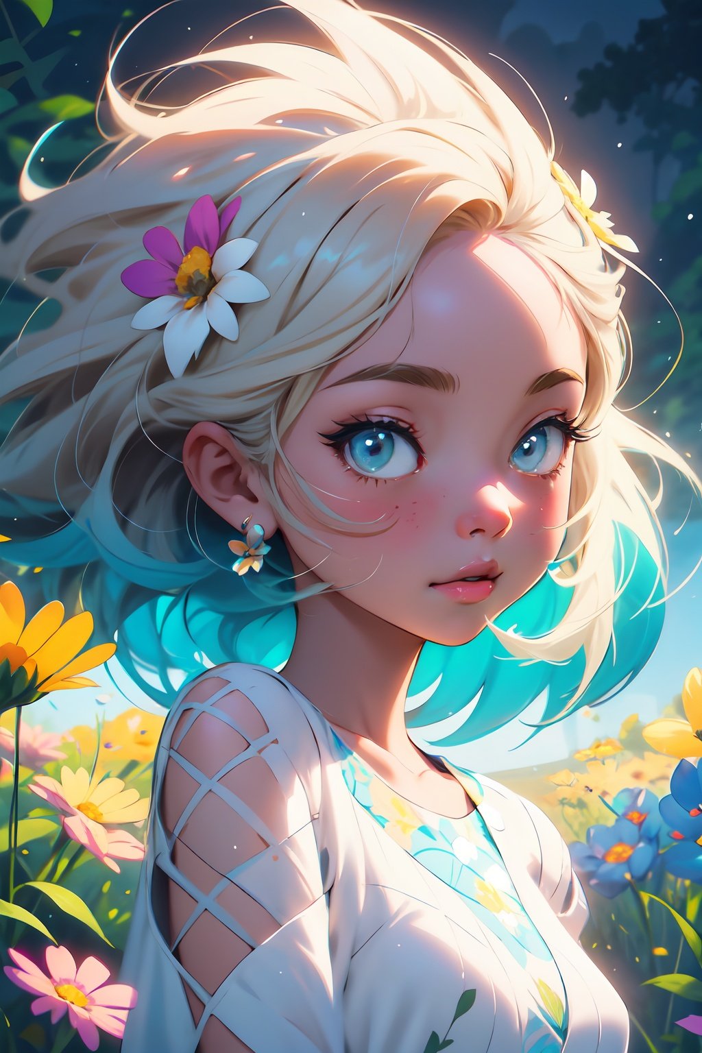 Niji character with a bunch of hair, Niji art style, cute cartoon character, Niji style illustration, realistic Niji, cute 2D style, high quality character design, Niji character, pixar style, animation character, cartoon digital painting, adorable digital painting, super cute funky girl, cartoon artstyle, Flower girl, cartoon concept art