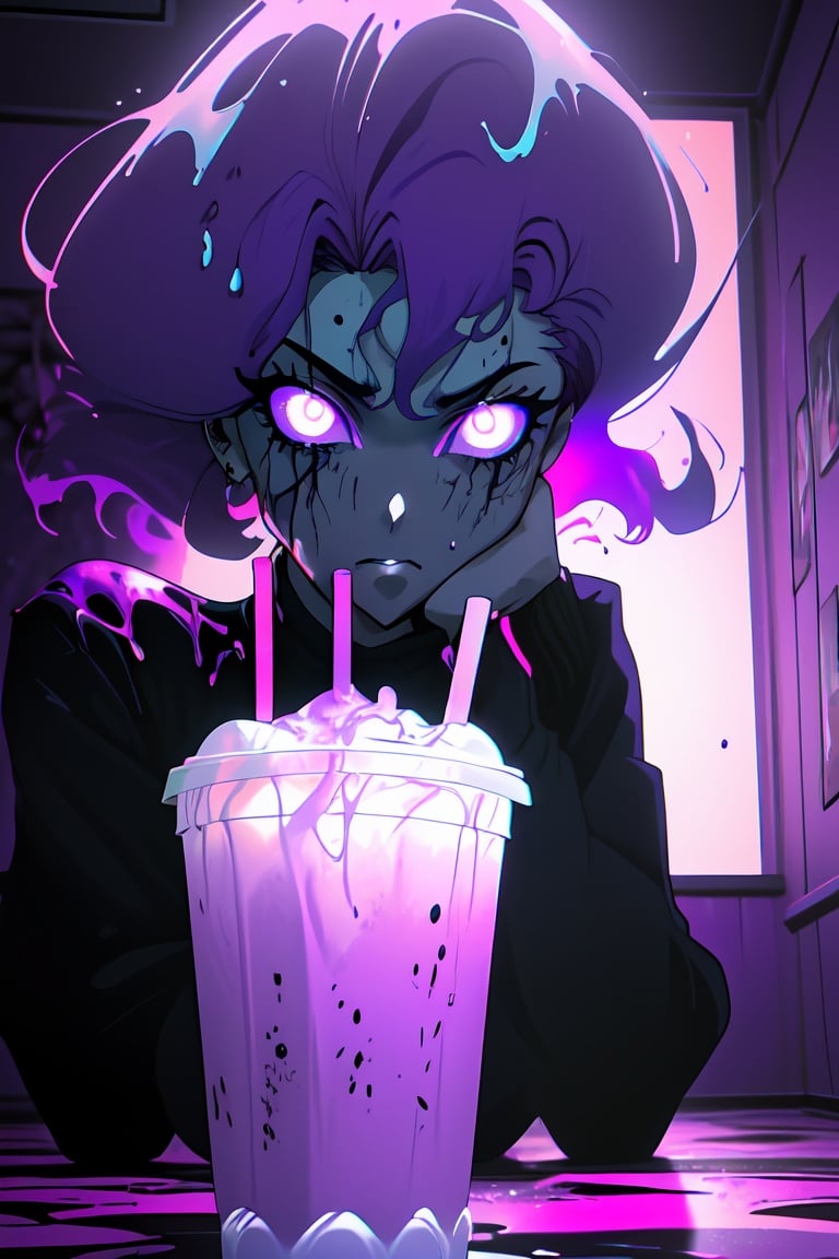 ((vintage mcdonalds fast food restaurant)), (((liminal horror))), (((analog horror))), (((dim lighting))), (((flickering lights))), ((spilled purple shake)), (((purple lighting))), (((purple horror atmosphere))), purple ooze, mind-controlled anime character sitting at a desk with spilled purple shake in tall clear plastic shake cup, (((clear tall plastic cup knocked over))), (((purple shake oozing everywhere))), ((purple shake oozing across desk onto floor)), ((purple shake splattered on walls)), ((purple splatters on wall and floor)), (((glowing staring eyes oozing purple glowing liquid))), lofi girl, analog horror girl, lofi artstyle, lofi art, lofi portrait, lofi feel, lofi vibes, lofi, lofi vibe, lofi colors, lo-fi art, lofi hip hop, lofi girl aesthetic, lo-fi illustration style, lofi aesthetic, (((highly stylized 80s anime screenshot)))