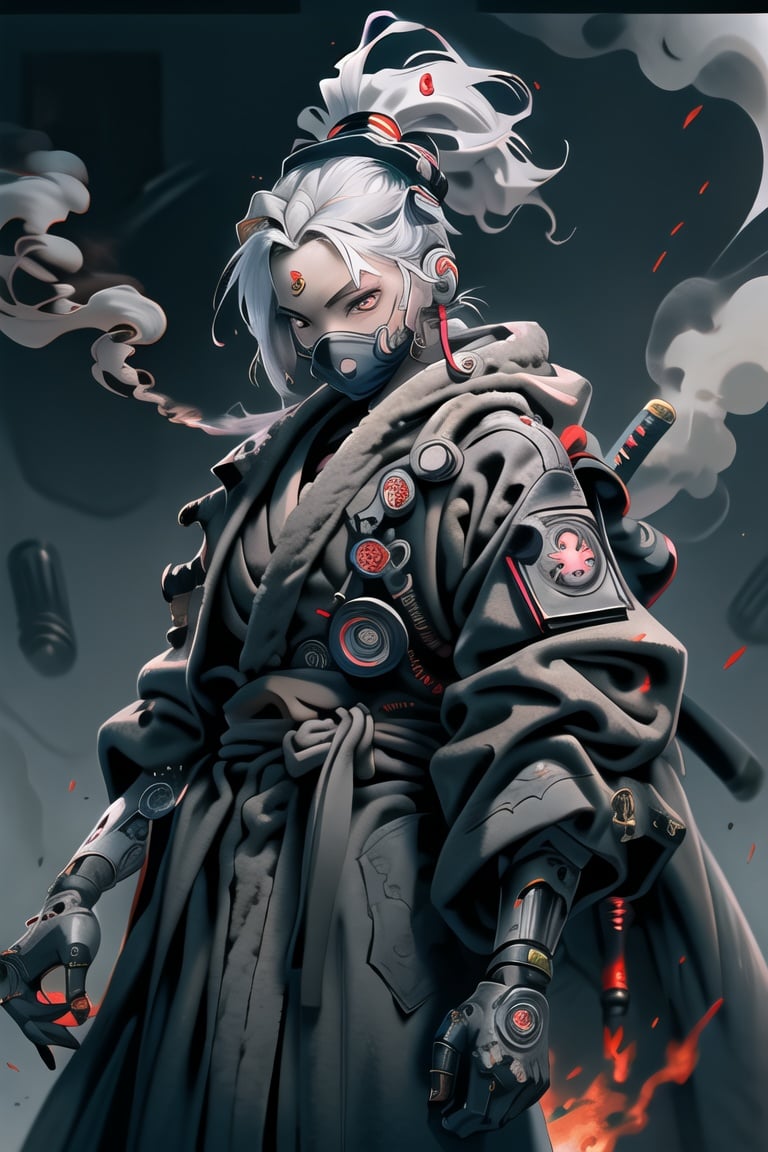 robort, female cyborg (ninja:1.2) wearing  (robe:1.2),cape, battlefield, fire,smoke,fcPortrait, <lora:EMS-24697-EMS:0.8>