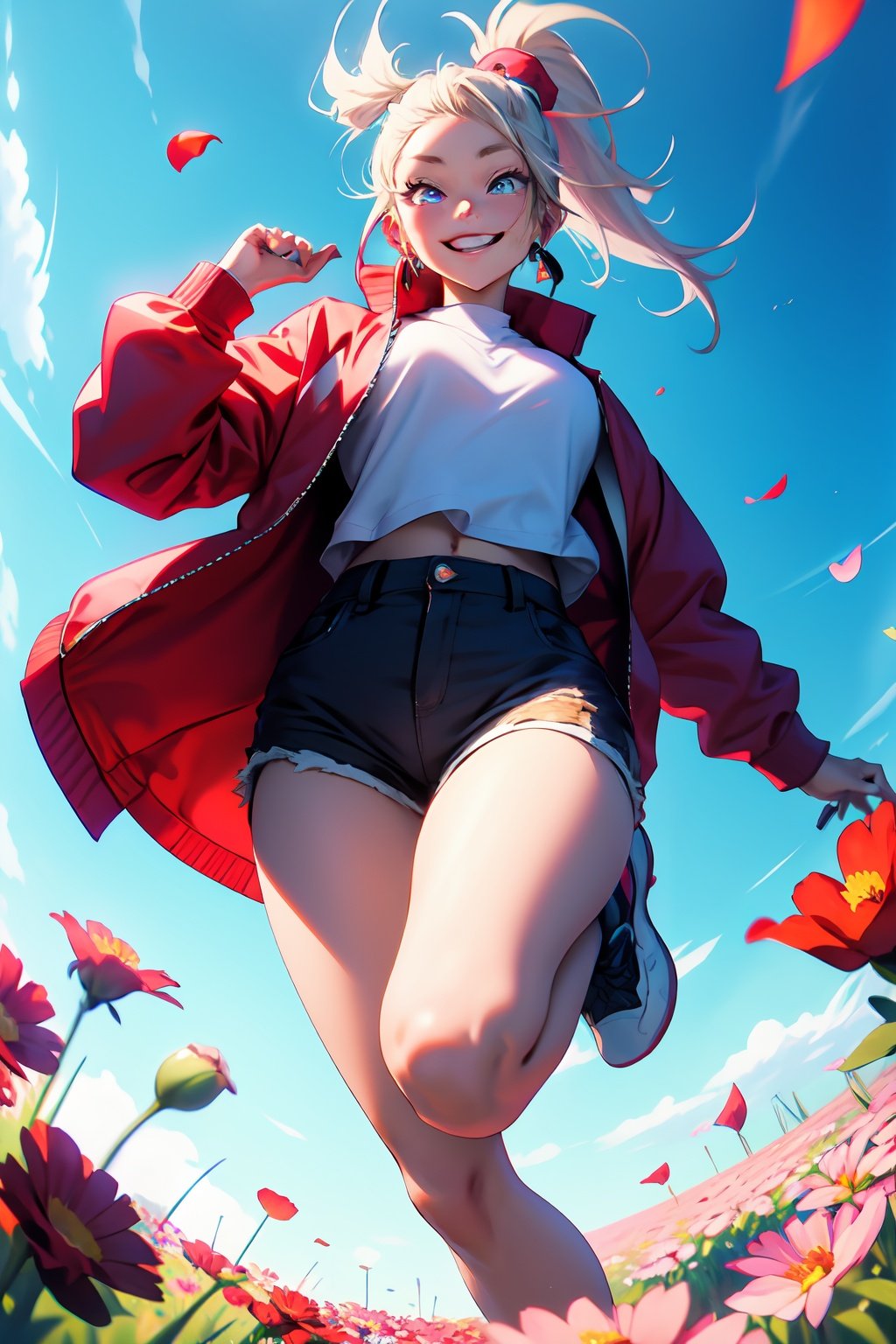 ((nijiv5)),fisheye lens, masterpiece, pink glowing eyes, best quality, 1girl, jumping in a field of red flowers, (petals:1.2), red ponytail, long hair, oversized track jacket, shorts, jewelry, smile, sky, (from below:0.9), lyco:Nijiv5.1style:1.0